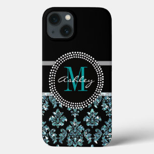 Girly Blue Glitter Black Damask persoonlijk iPhone 13 Hoesje