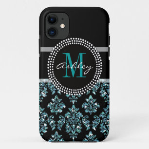 Girly Blue Glitter Black Damask persoonlijk iPhone 11 Hoesje