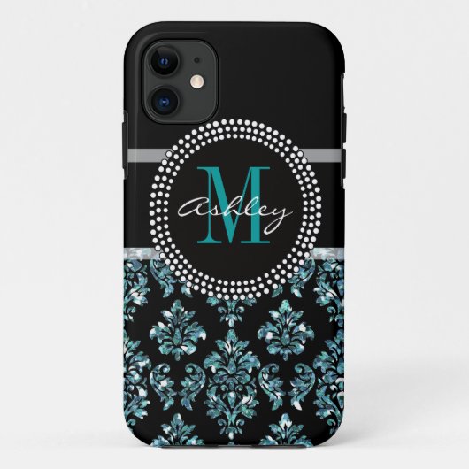 Girly Blue Glitter Black Damask persoonlijk Case-Mate iPhone Case (Achterkant)