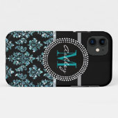 Girly Blue Glitter Black Damask persoonlijk Case-Mate iPhone Case (Achterkant (horizontaal))