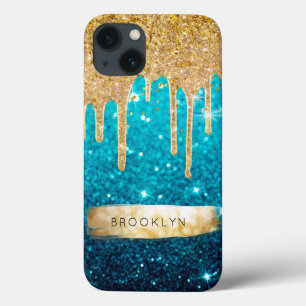 Girly Blue Glitter Gold Drift Sparkle Glam Stars iPhone 13 Hoesje