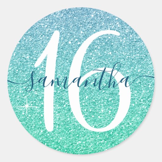 Girly Blue Green Faux Glitter Personalized 16 Ronde Sticker (Voorkant)