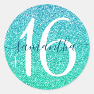 Girly Blue Green Faux Glitter Personalized 16 Ronde Sticker