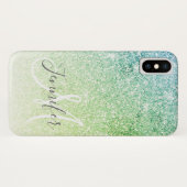 Girly Blue Green Glitter Blush Monogram Name Case-Mate iPhone Case (Achterkant (horizontaal))