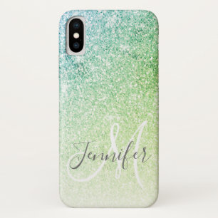 Girly Blue Green Glitter Blush Monogram Name iPhone X Hoesje