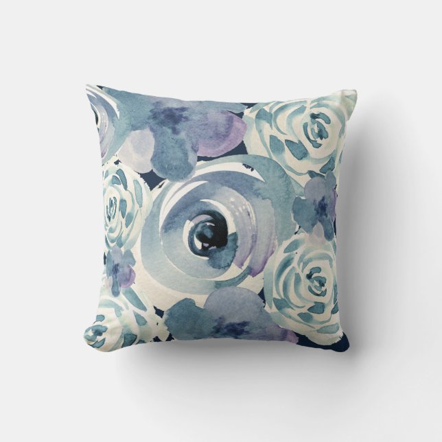 Girly Blue Paars Green Ivory Waterverf Floral Kussen (Voorkant)