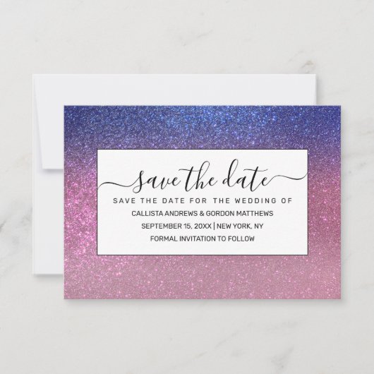 Girly Blue Pink Sparkly Glitter Ombre Gradient Save The Date (Voorkant)
