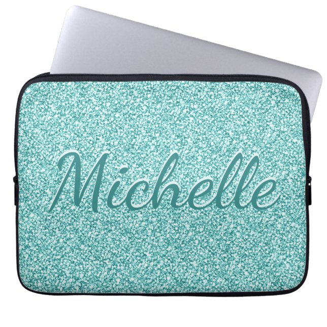 Girly Blue Sparkle Monogram Naam Laptop Sleeve (Voorkant)