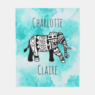Girly Blue Waterverf Black & White Tribe Elephant Fleece Deken