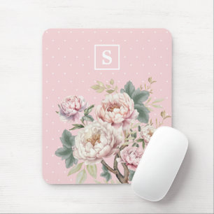 Girly Blush Cream Pioen Bloemen Monogram Muismat
