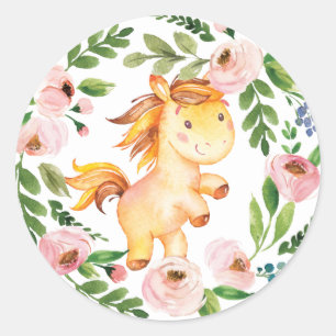 Girly Blush Floral Baby Horse Shower 1e Verjaardag Ronde Sticker