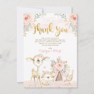 Girly Blush Gold Floral Woodland Baby shower Bedankkaart