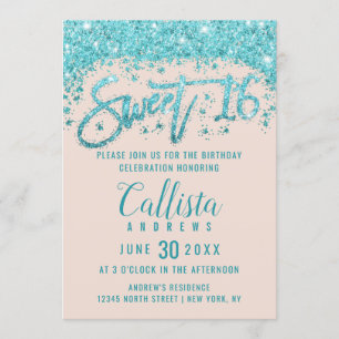 Girly Blush Pink Aqua Blue Glitter Dust Sweet 16 Kaart