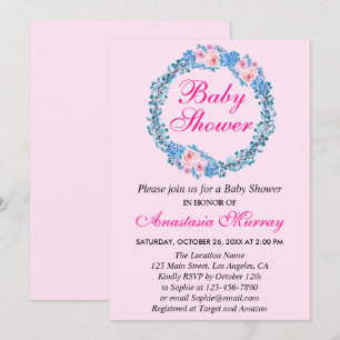 Girly Blush Pink & Blue Floral WreatBaby shower Kaart