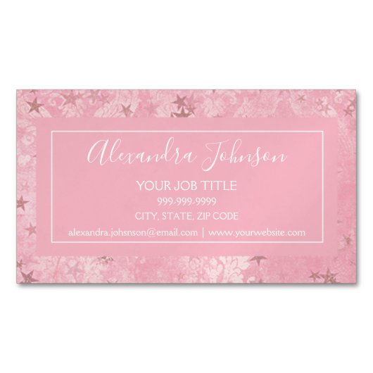 Girly Blush Pink Damask and Stars Pattern Magnetisch Visitekaartje (Voorkant)