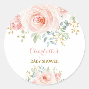 Girly Blush Pink Floral Baby shower Favor Ronde Sticker