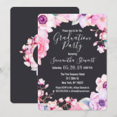 Girly Blush Pink Flowers Black Graduparty Kaart (Voorkant / Achterkant)
