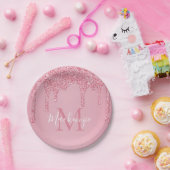 Girly Blush Pink Glitter Drift Monogram Birthday Papieren Bordje (Feest)