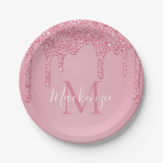Girly Blush Pink Glitter Drift Monogram Birthday Papieren Bordje (Voorkant)