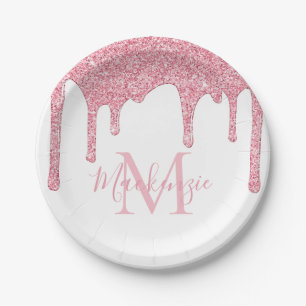 Girly Blush Pink Glitter Drift Monogram Birthday Papieren Bordje
