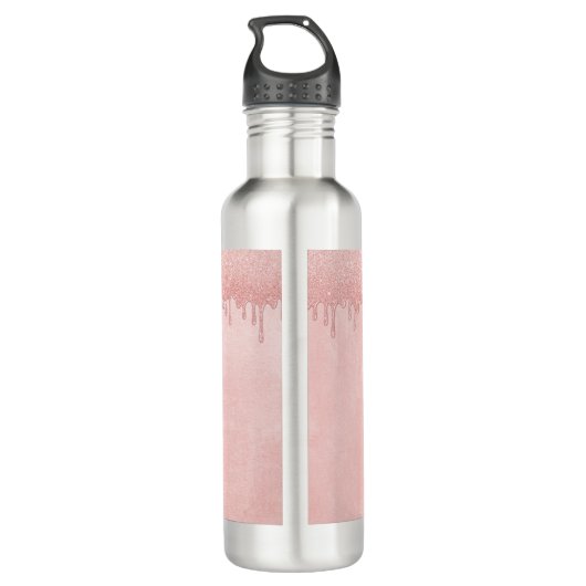 Girly Blush Pink glitter druppels Monogram Waterfles (Achterkant)