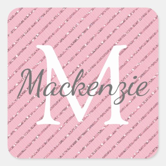 Girly Blush Pink Glitter Stripes Monogram Vierkante Sticker (Voorkant)