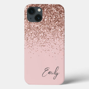 Girly Blush Pink Gold Glitter Monogram iPhone 13 Hoesje