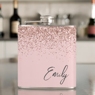 Girly Blush Pink Gold Glitter Monogram Heupfles