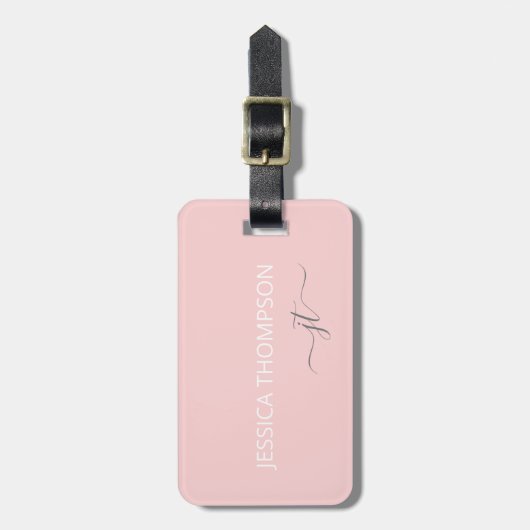 Girly Blush Pink Modern Monogram Naam Eenvoudig Bagagelabel (Voorkant verticaal)