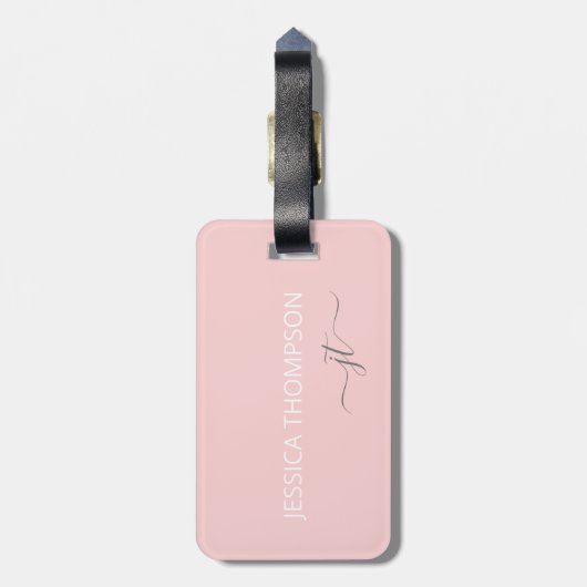 Girly Blush Pink Modern Monogram Naam Eenvoudig Bagagelabel (Achterkant verticaal)