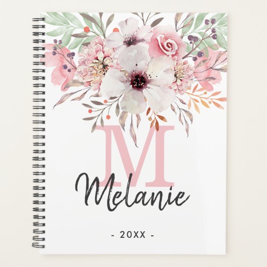 Girly Blush Pink Monogram Floral 2024 Planner (Devant)
