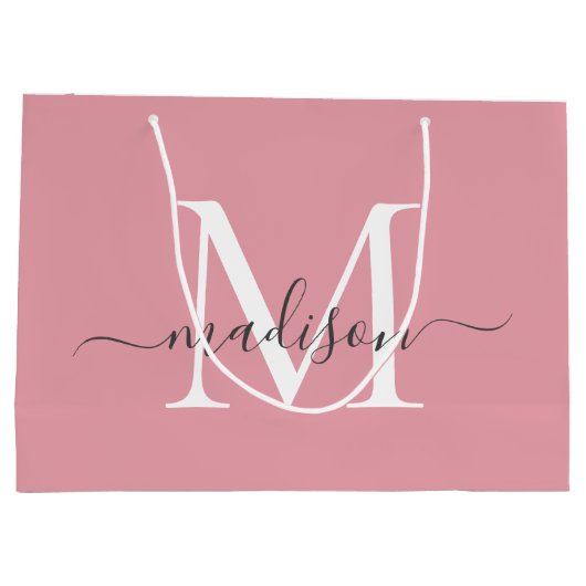 Girly Blush Pink Monogram Grijs Elegant Script Naa Groot Cadeauzakje (Achterkant)