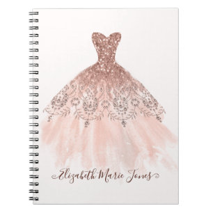 Girly Blush Pink Rose Gold Sparkle Gown Script Notitieboek