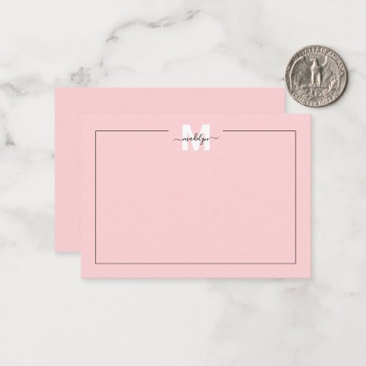 Girly Blush Pink Script Kalligrafie Naam Monogram Notitiekaartje (Voorkant / Achterkant in situ)