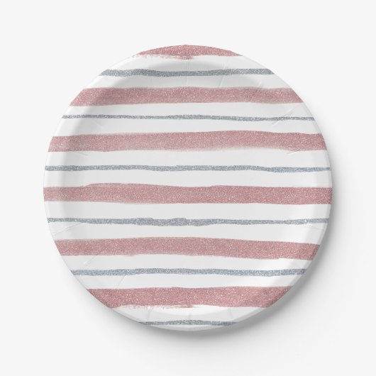 Girly Blush Pink Silver Glitter Sparkle Stripes Papieren Bordje (Voorkant)