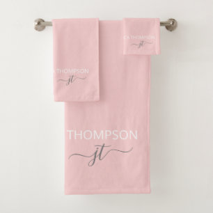 Girly Blush Pink Simple Script Monogram Name  Bad Handdoek