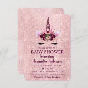 Girly Blush Pink Sparkle Unicorn Baby shower Kaart