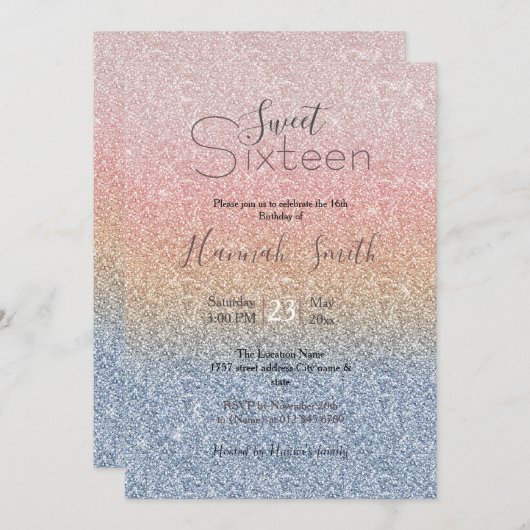 Girly Blush Roos Gold Blue Ombre Glitter Sparkles Kaart (Voorkant / Achterkant)