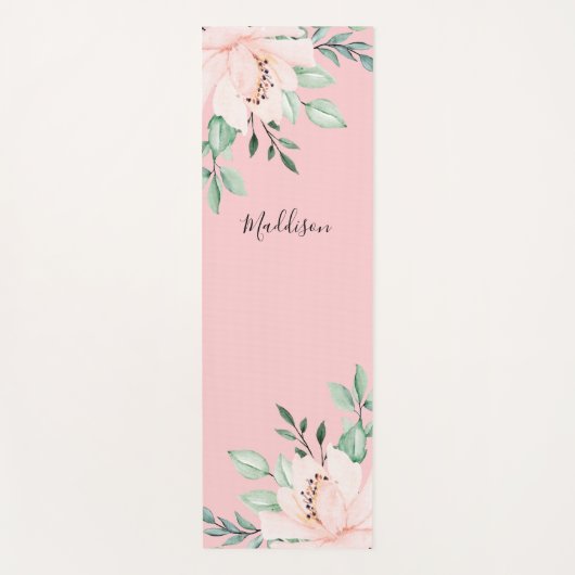 Girly Blush Roze Bloemen Naam Yogamat (Voorkant)