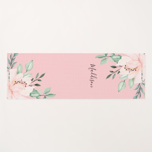 Girly Blush Roze Bloemen Naam Yogamat (Voorkant (horizontaal))