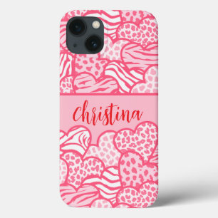 Girly Blush Roze Cute Dierenprint Harten Naam iPhone 13 Hoesje