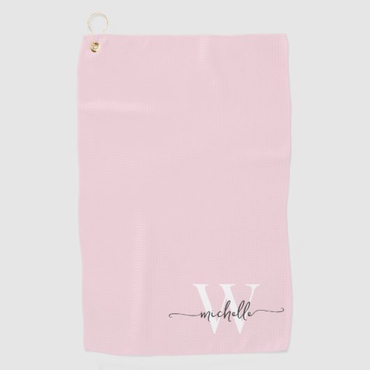 Girly Blush Roze Elegant Monogram Naam Script Golf Golfhanddoek (Voorkant)