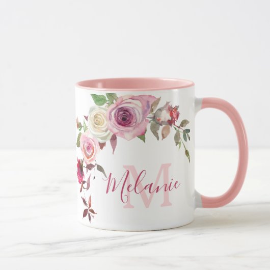 Girly Blush Roze en Witte Rozen Naam Monogram Mok (Rechts)