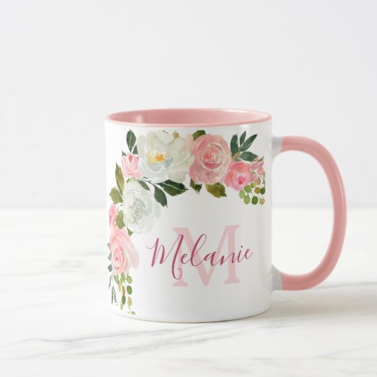 Girly Blush Roze en Witte Rozen Naam Monogram Mok (Rechts)