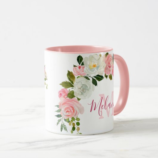 Girly Blush Roze en Witte Rozen Naam Monogram Mok (Voorkant rechts)