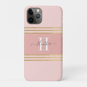 Girly Blush Roze Goud Monogram Streep iPhone 11 Pro Hoesje
