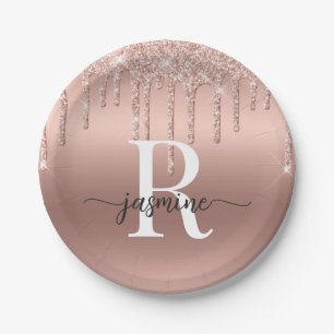 Girly Blush Roze Gouden Glitter Druppelend Monogra Papieren Bordje