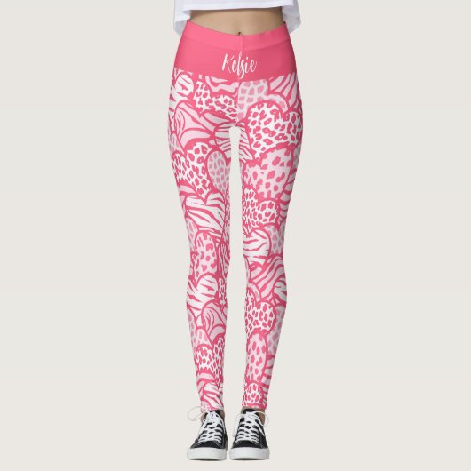 Girly Blush Roze Grappige Dierenprint Harten Naam Leggings (Voorkant)
