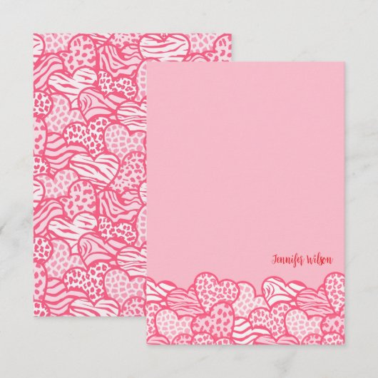 Girly Blush Roze Leuke Dier Print Harten Naam Bedankkaart (Voorkant / Achterkant)