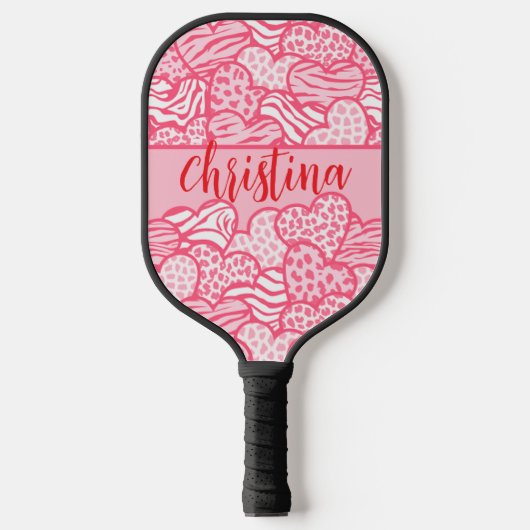 Girly Blush Roze Leuke Dier Print Harten Naam Pickleball Paddle (Voorkant)